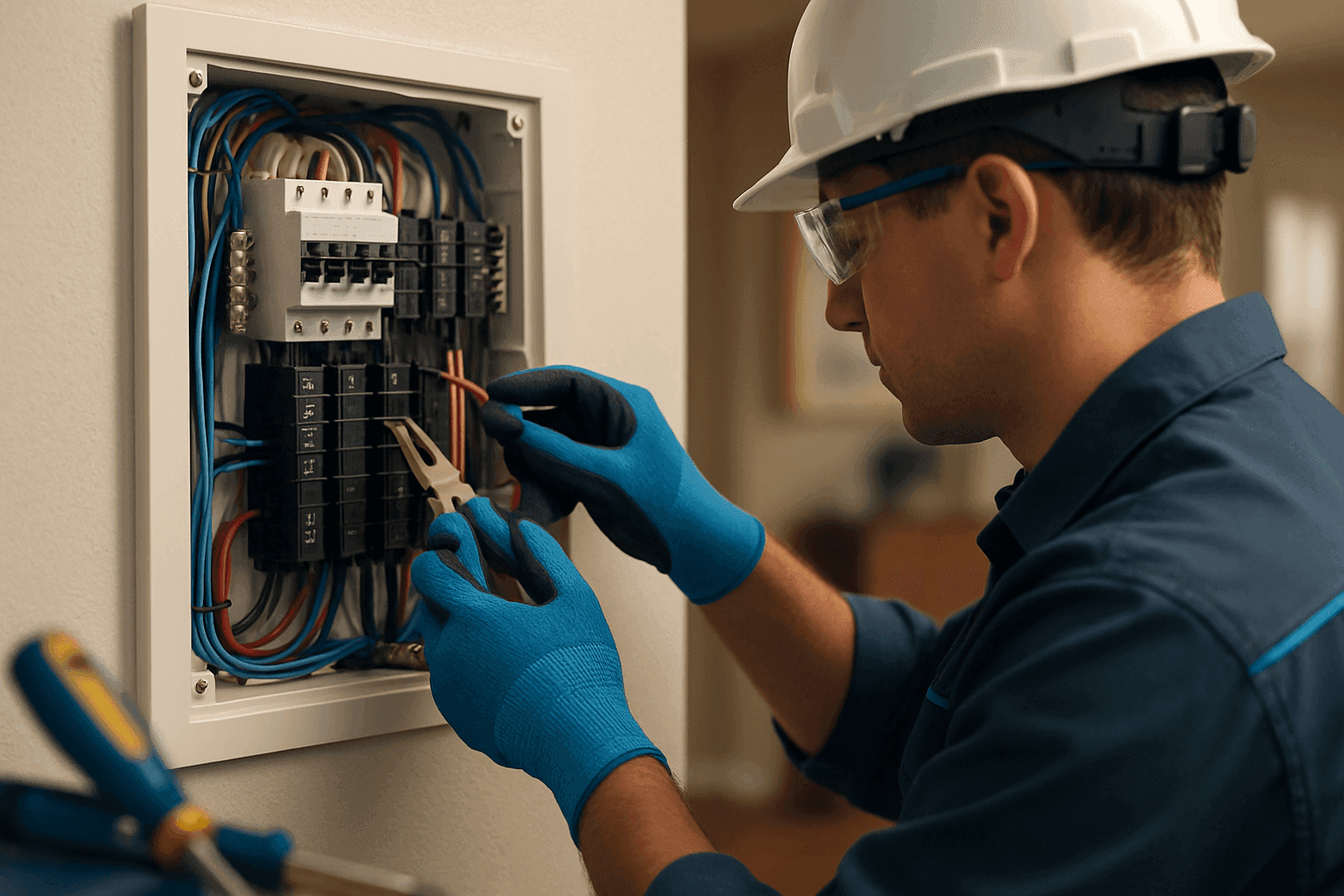 Residential electrician wearing safety gear working on a clean home electrical panel