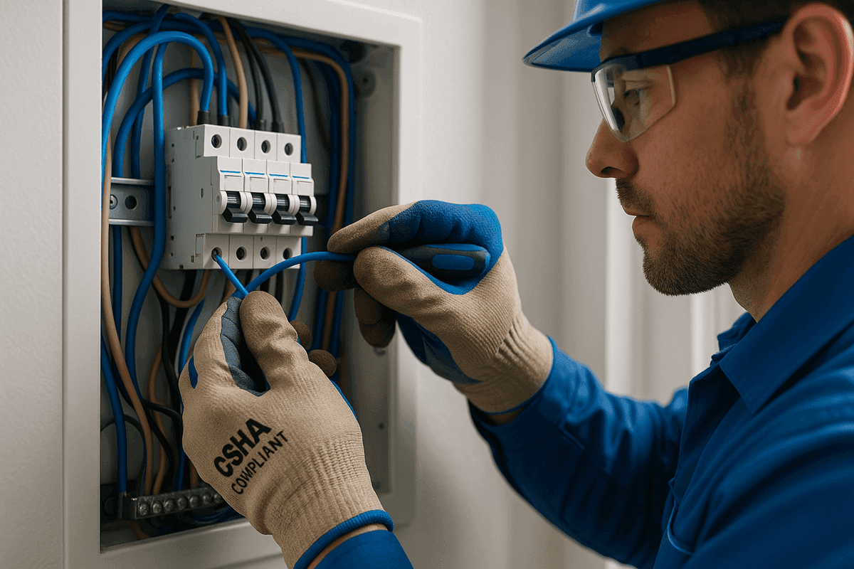 Close-up of electrician’s gloved hands connecting wires inside a residential electrical panel