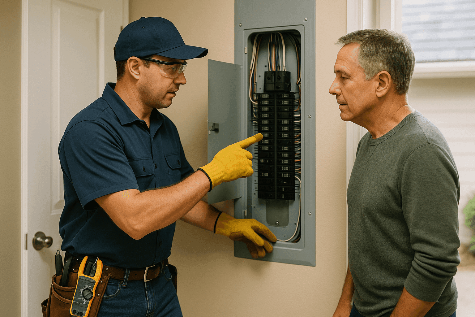 Electrician performing home electrical panel inspection with homeowner