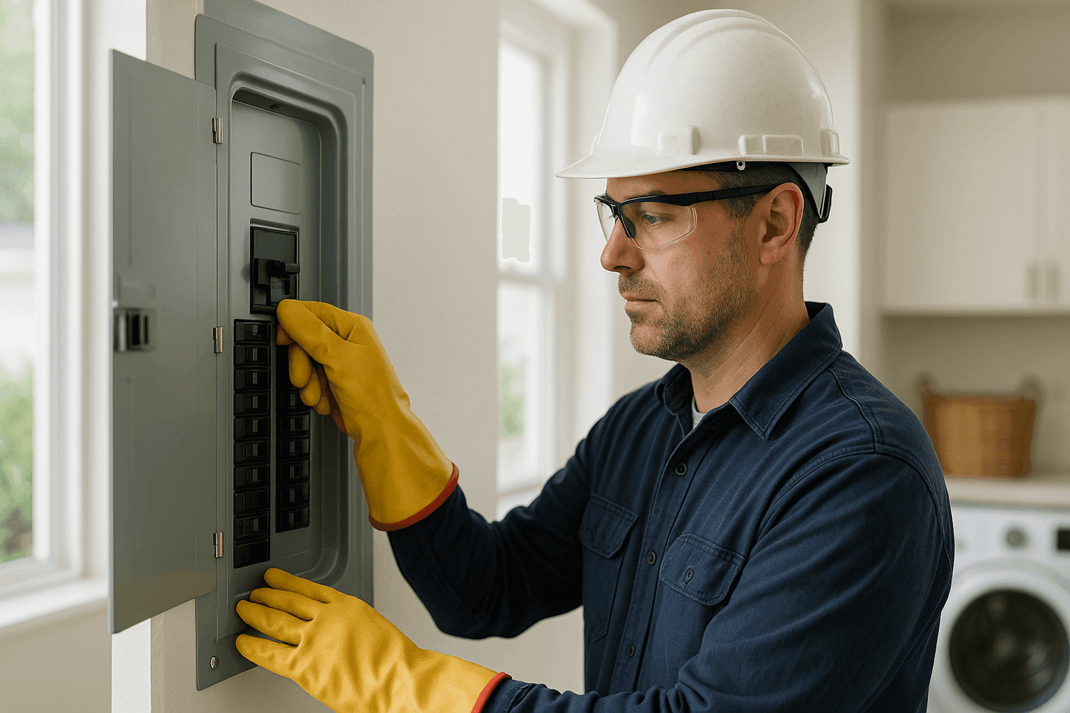 Homeowner safely turning off main breaker during electrical emergency